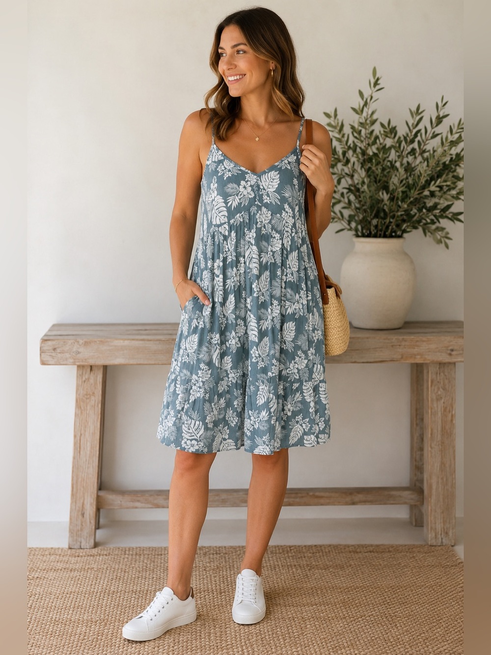 Blue B Collection Green Floral Dress Women's Size M Adjustable Straps Coastal